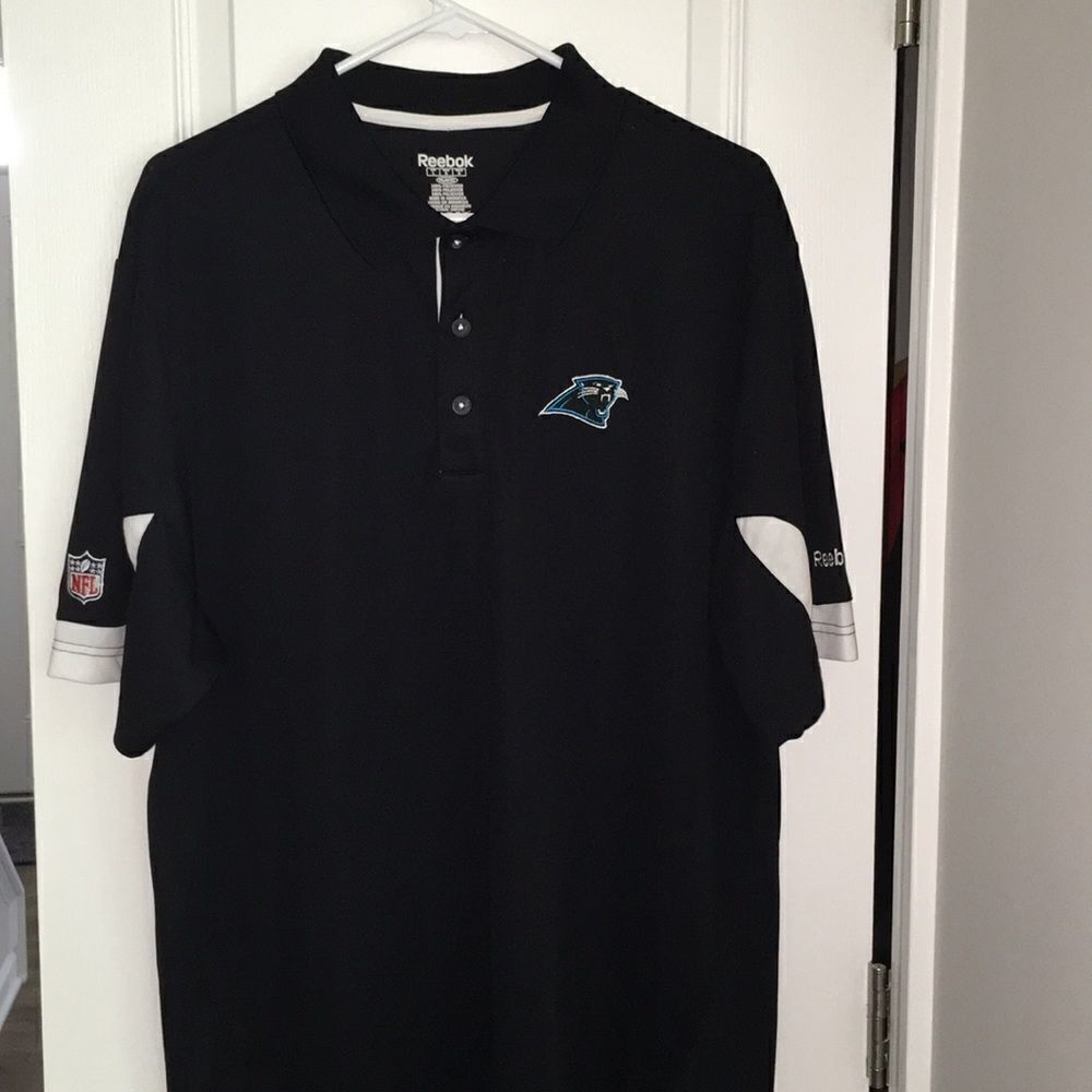 Black white VTG polyester mens Carolina Panthers Coaches NFL Shield golf shirt L